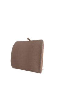 Car backrest cushion, dark brown fabric with stitched cord tab and curved side