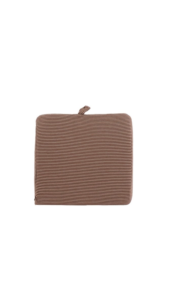 Car backrest cushion, brown ribbed fabric with stitched cord tab at top center