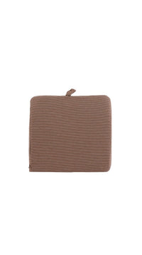 Car backrest cushion, brown ribbed fabric with stitched cord tab at top center