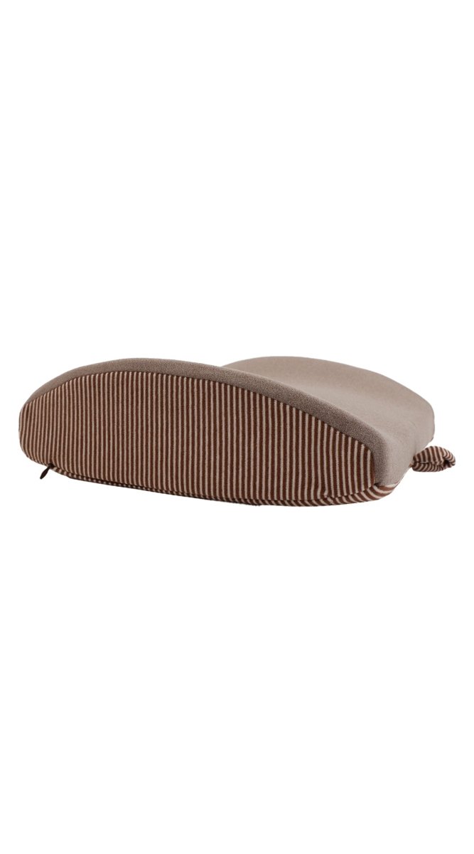 Car backrest cushion, striped brown front with lighter back and looped cord tab