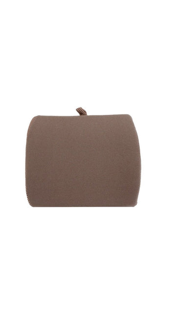 Car backrest cushion, dark brown fabric with stitched cord tab on top edge