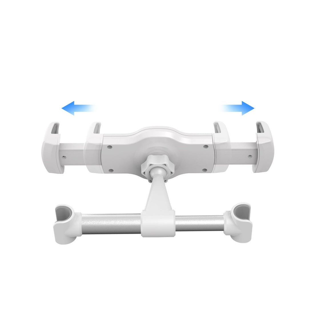 Headrest tablet and phone holder with white clamp and adjustable rail arm