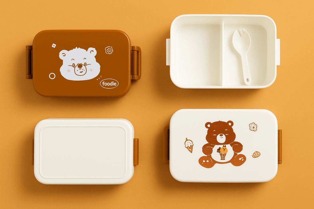 Kids lunch box with brown lid and bear face graphic, white label, snap handle.