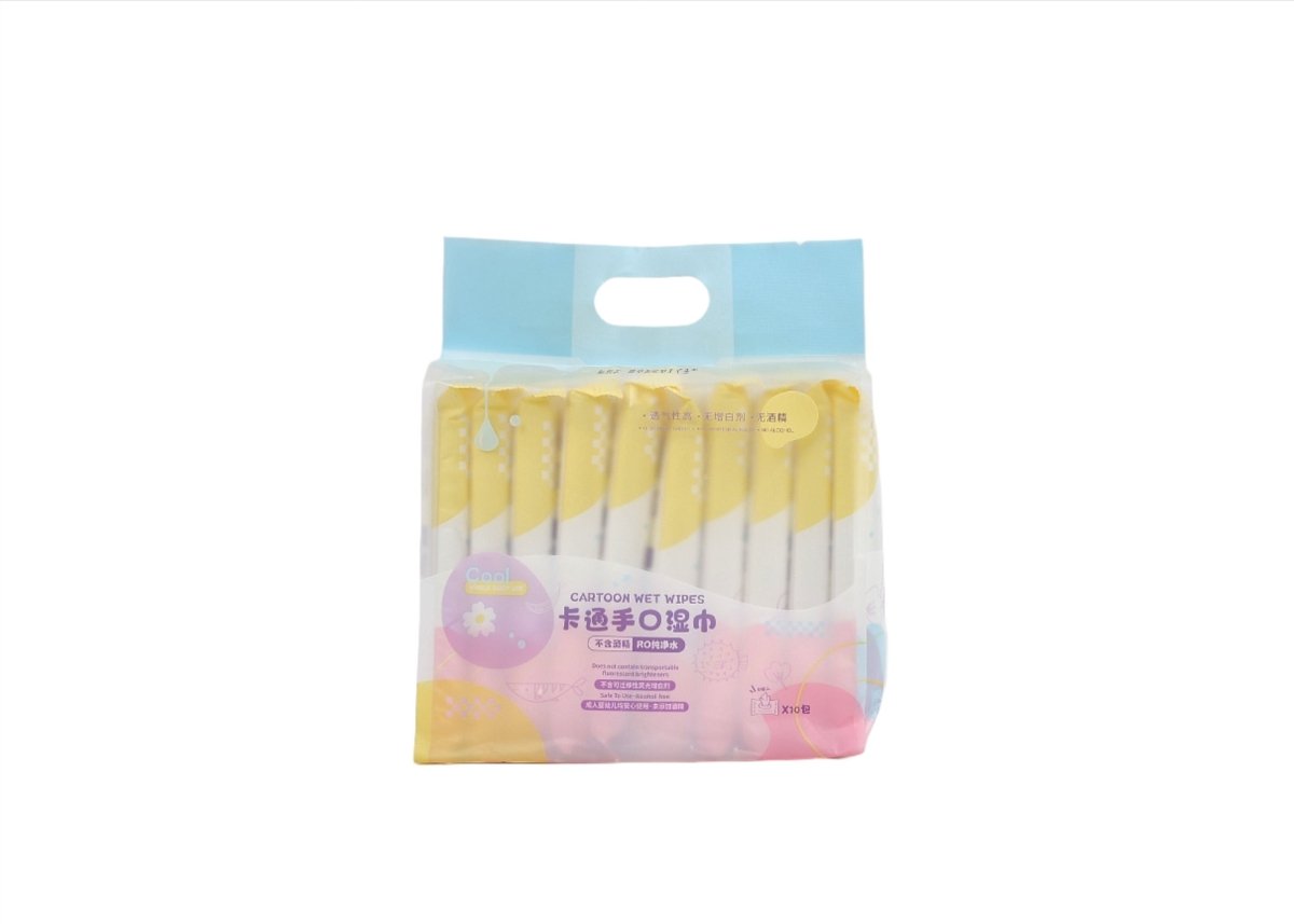 Baby wet wipes pack, white with yellow border and purple/pink cartoon design
