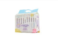 Baby wet wipes pack, white with yellow and pink lower graphic and purple text