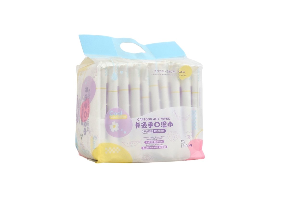 Baby wet wipes pack with open top flap, white wipes and yellow/pink/purple print