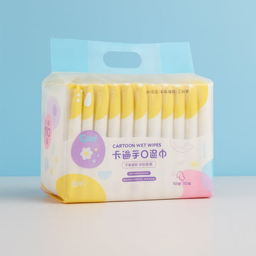 Baby wet wipes pack, white with yellow rim and purple cartoon accents