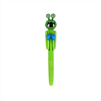 Green cartoon frog ballpoint pen with blue grips, front view