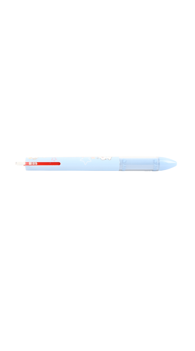 Translucent light blue cartoon pen, side view with red detail near tip