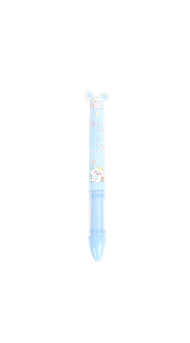 Light blue cartoon-print retractable pen with translucent body and clip