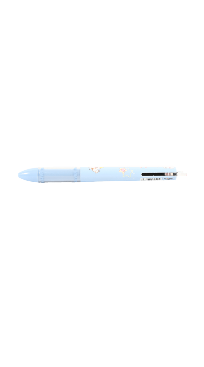 Light blue cartoon pen with black grip and visible refill window
