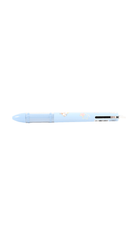 Light blue cartoon pen with black grip and visible refill window