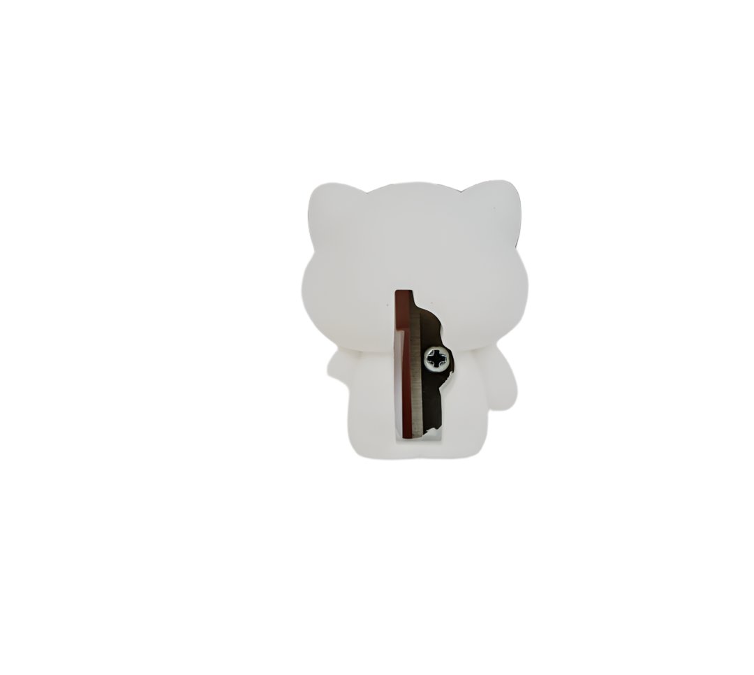 White cat-shaped pencil sharpener with exposed blade opening, back view