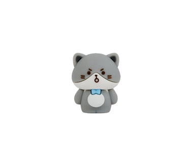 Gray cat-shaped pencil sharpener with blue bow tie and cute face detail