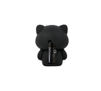 Black cat-shaped pencil sharpener with exposed blade opening, back view