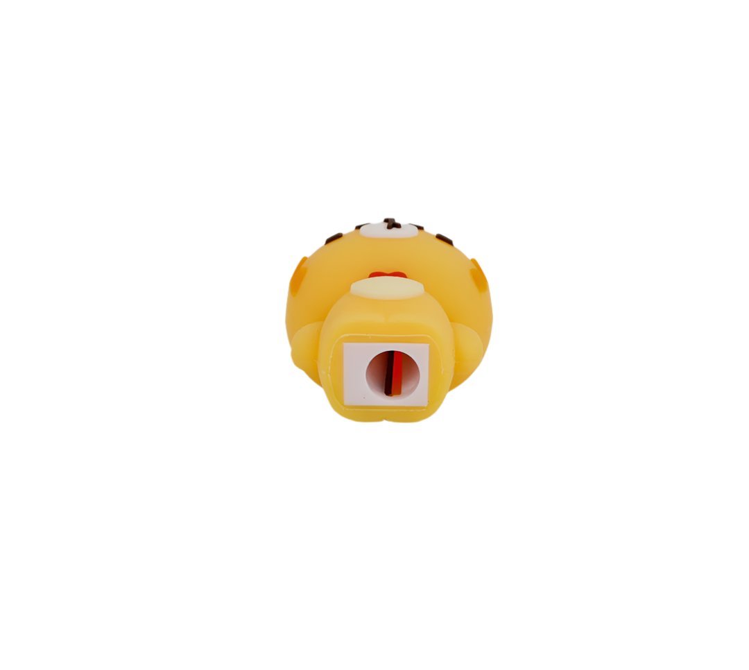 Yellow cat-shaped pencil sharpener with exposed sharpening slot