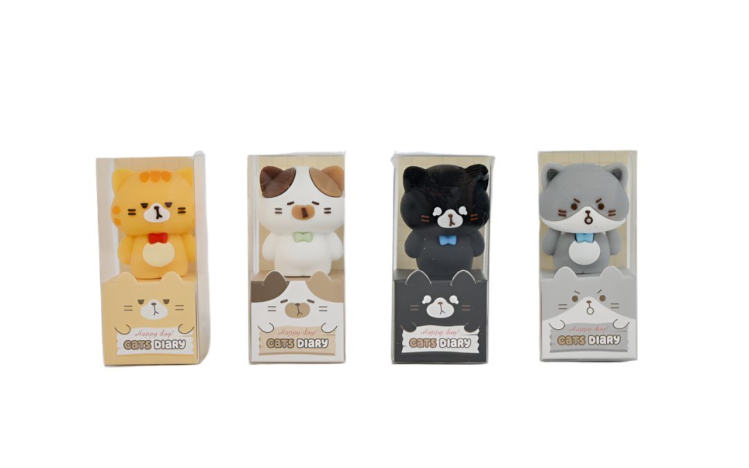 Set of cat diary pencil sharpeners on display cards with four cat designs