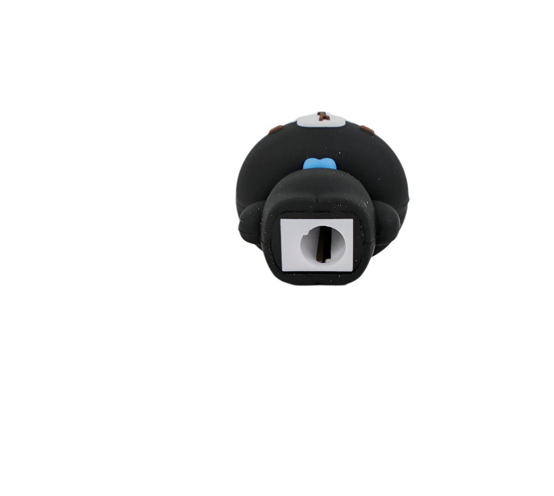 Black cat-shaped pencil sharpener with blue bow tie, top view opening
