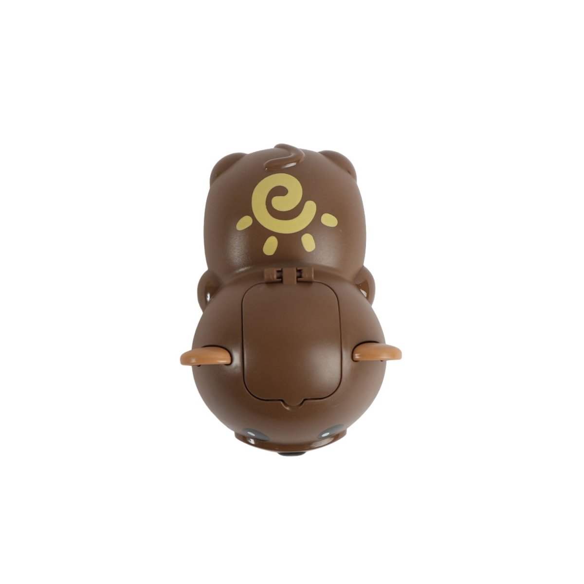 Brown bear toy car front view with yellow spiral mark on forehead
