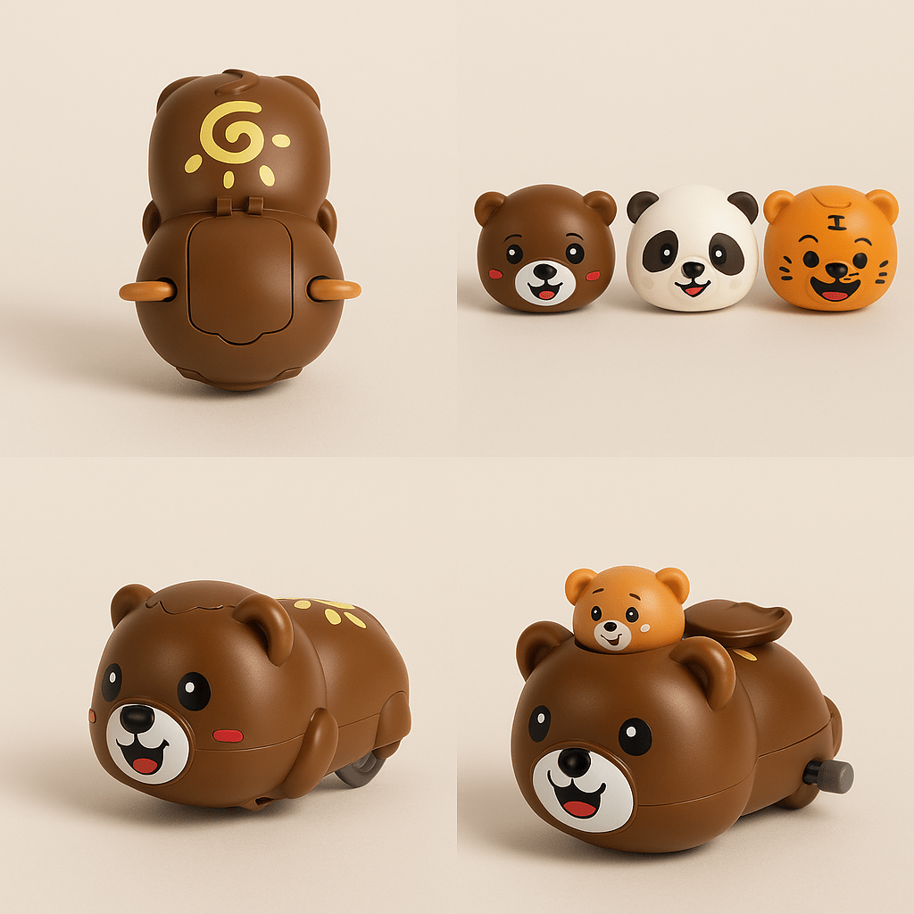 Mixed animal inertial toy car set with bear, panda, and tiger figures
