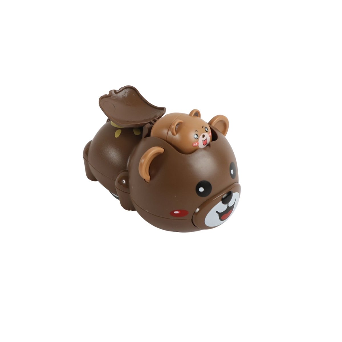 Brown bear-shaped inertial toy car in side view with big cartoon face
