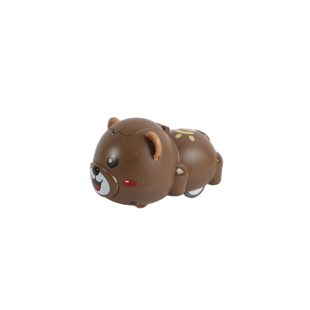 Brown bear-shaped inertial toy car in angled side view with red nose