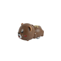 Brown bear-shaped inertial toy car in angled side view with red nose