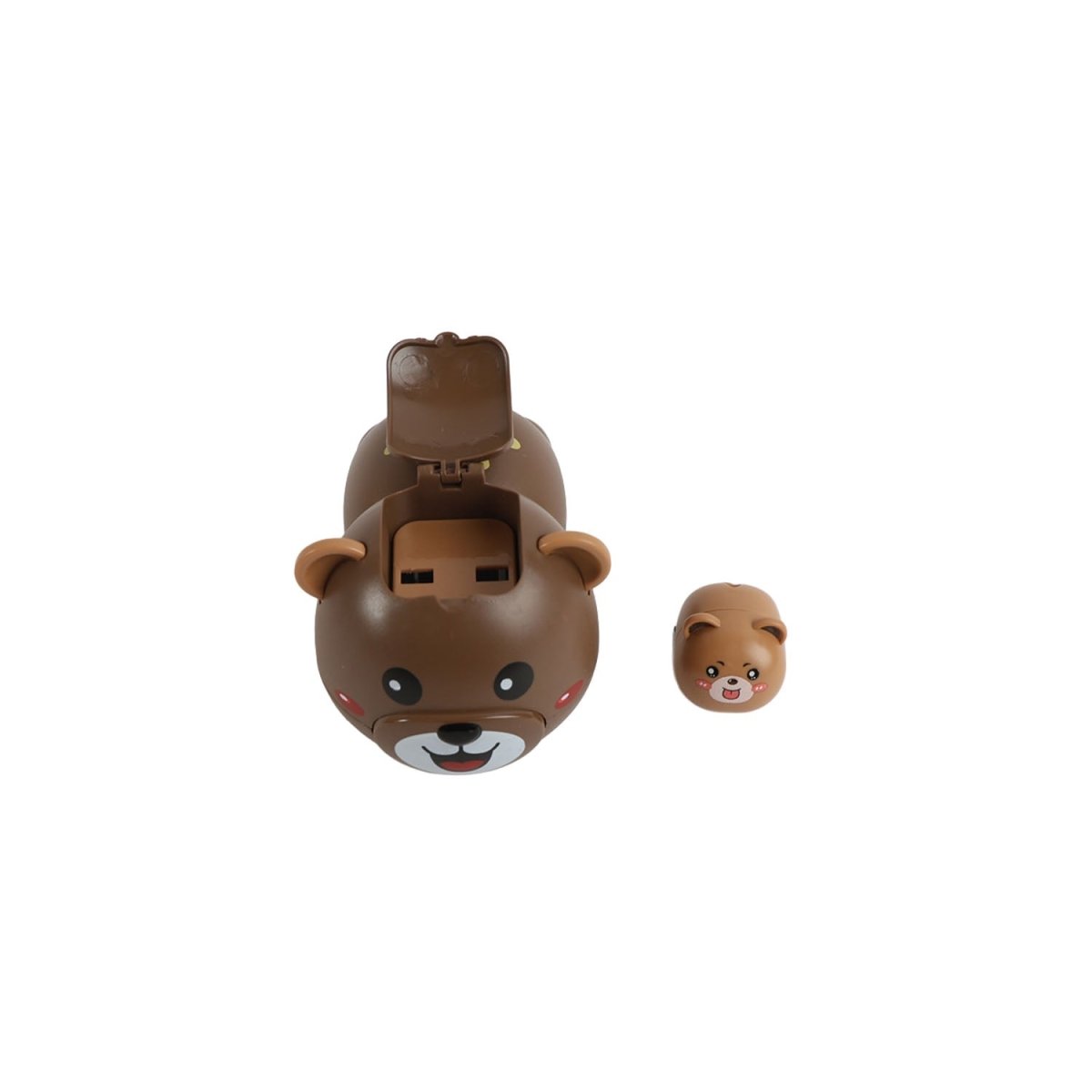 Brown bear toy car from behind with open top; small bear head accessory