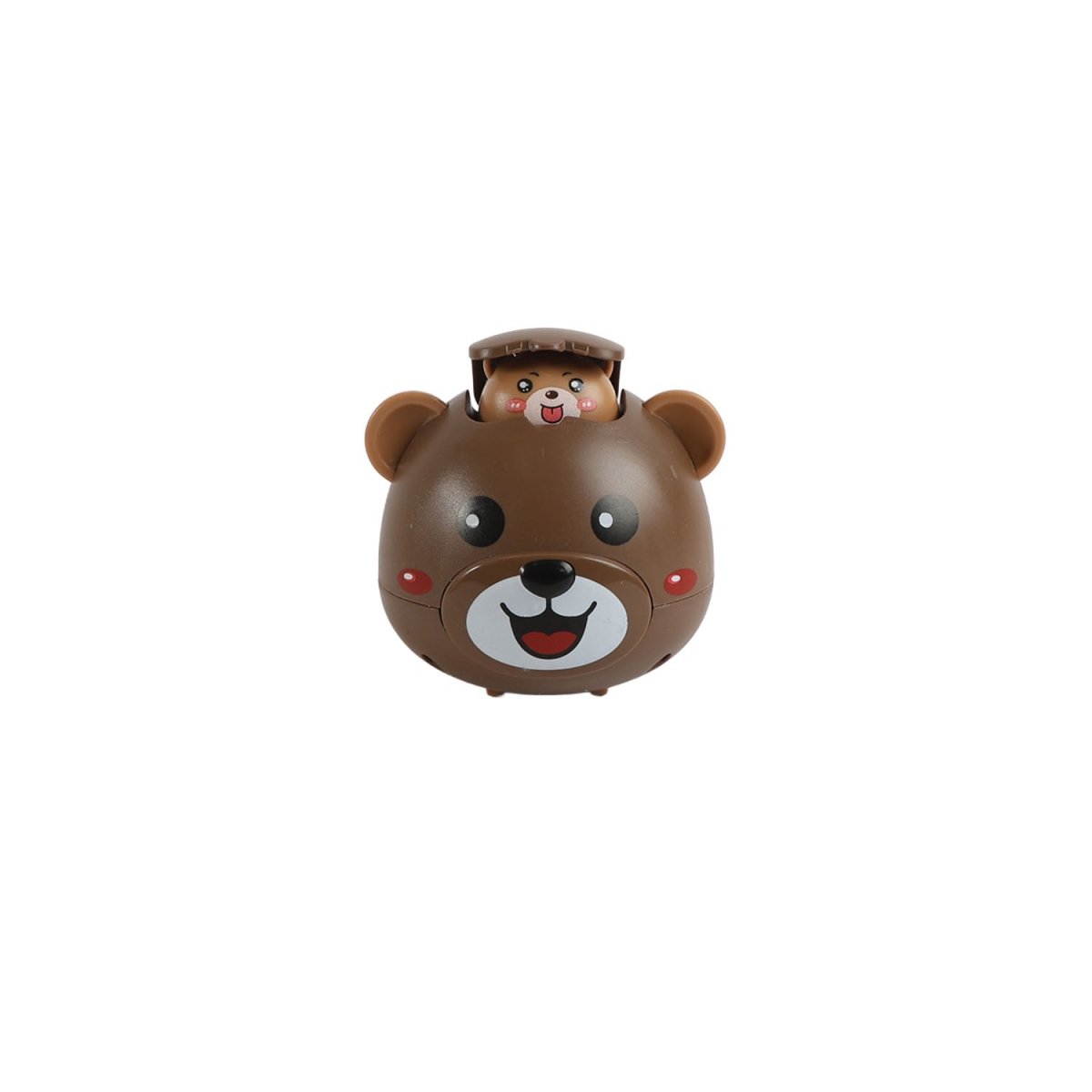 Brown bear-faced inertial toy car with smiling mouth and small antenna