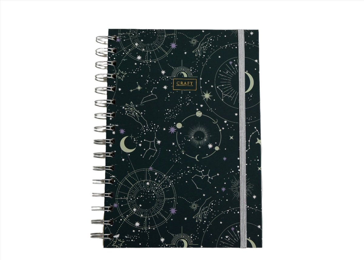 Celestial notebook with dark cover, spiral binding, and vertical ribbon bookmark.