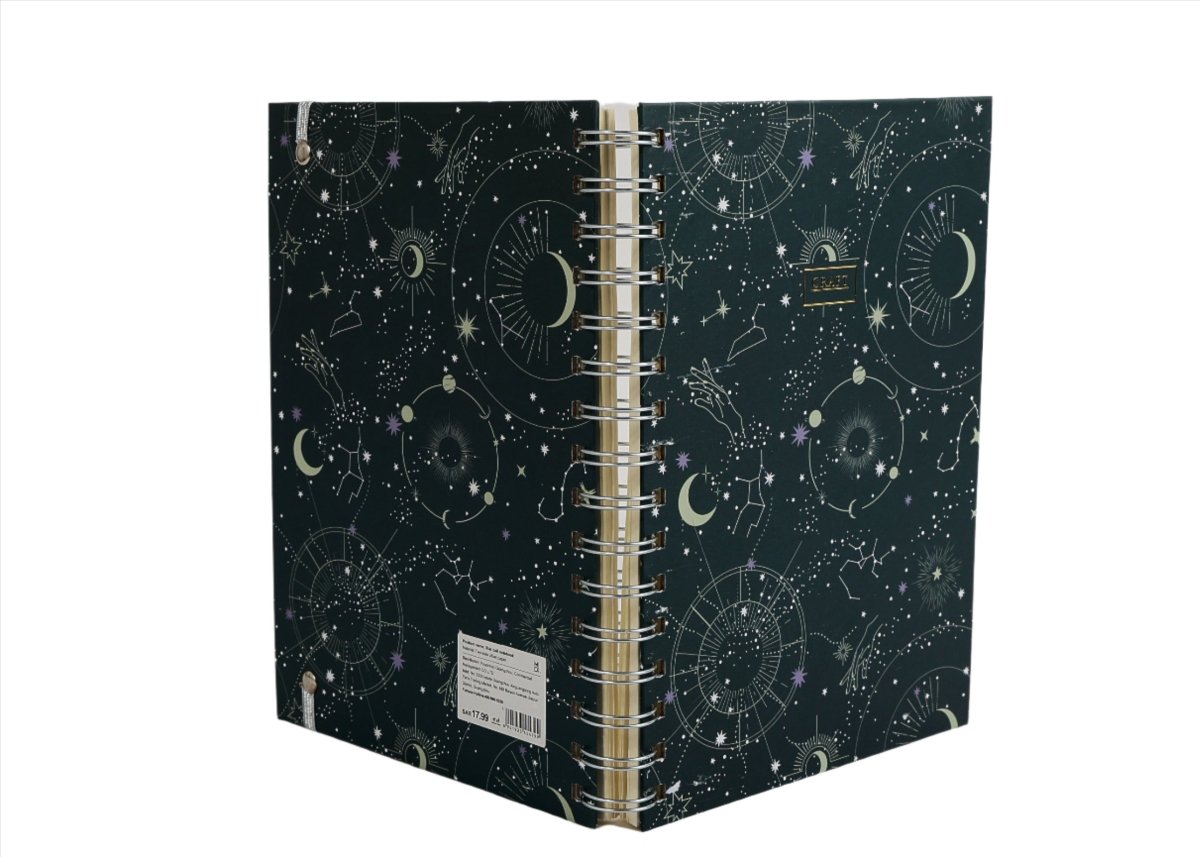Celestial notebook front cover with gold spiral binding and cosmic constellation artwork.