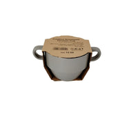 Light gray ceramic cup with double handles in retail packaging