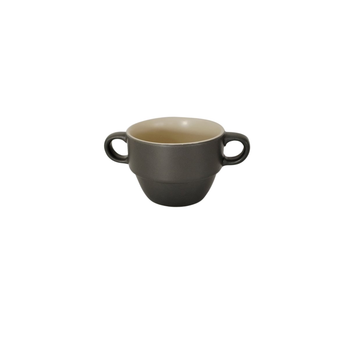 Gray ceramic cup with modern double handles and light interior