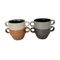 Pair of ceramic cups with modern double handles in light and dark gray