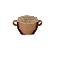 Brown ceramic cup with double handles, shown in retail packaging