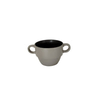 Light gray ceramic cup with double handles and black inner rim