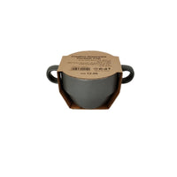 Dark gray ceramic cup with double handles in retail packaging