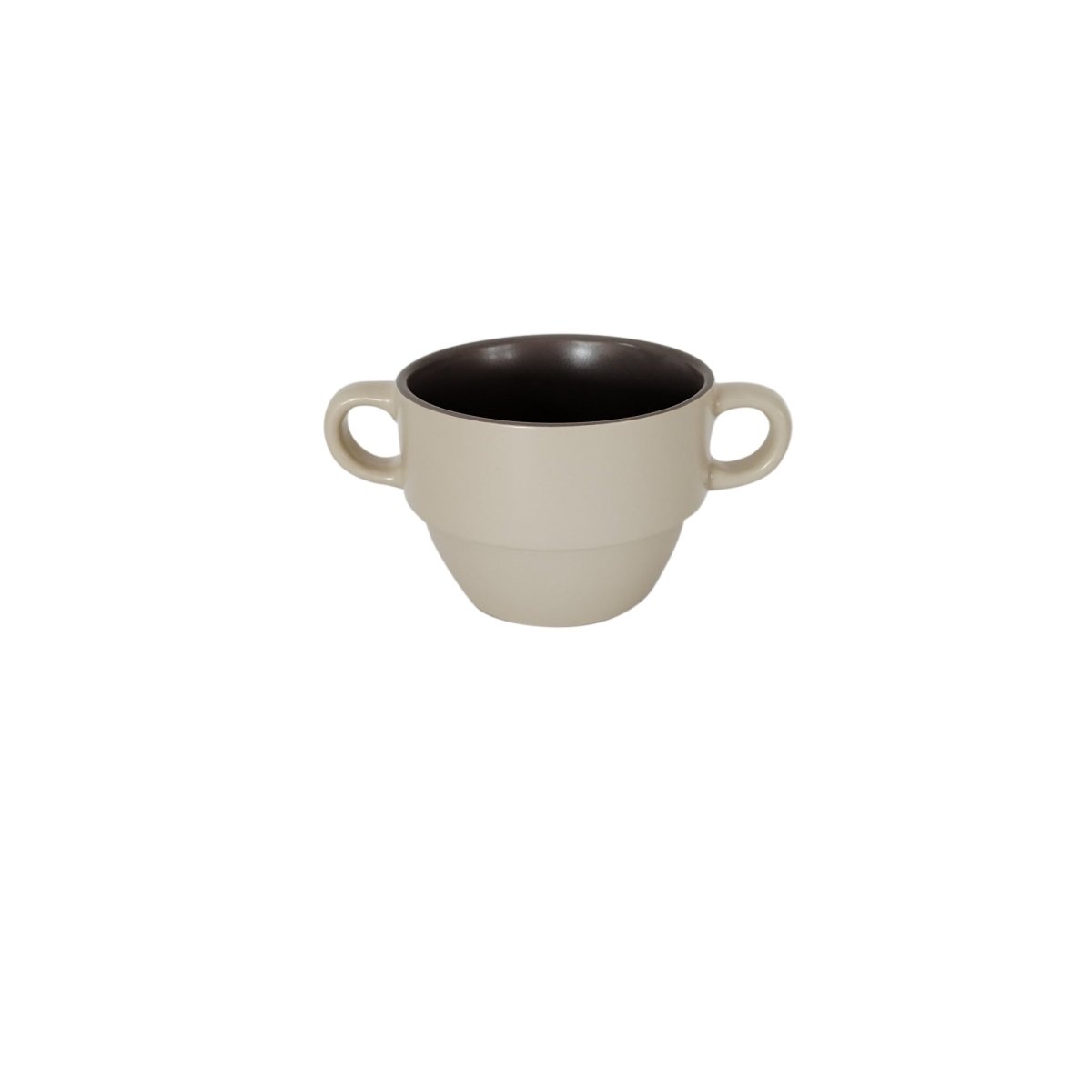 White ceramic cup with modern double handles and dark inner rim