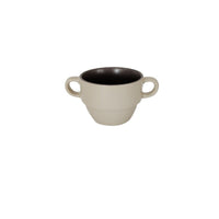 White ceramic cup with modern double handles and dark inner rim