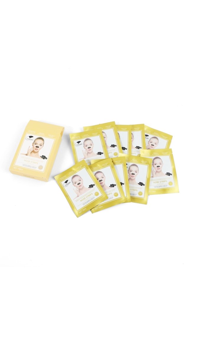 Charcoal nose strips in individual packets with face illustrations and black strip applicators