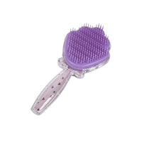 Plastic shell hair brush comb, purple ribbed head with clear handle and small heart pattern