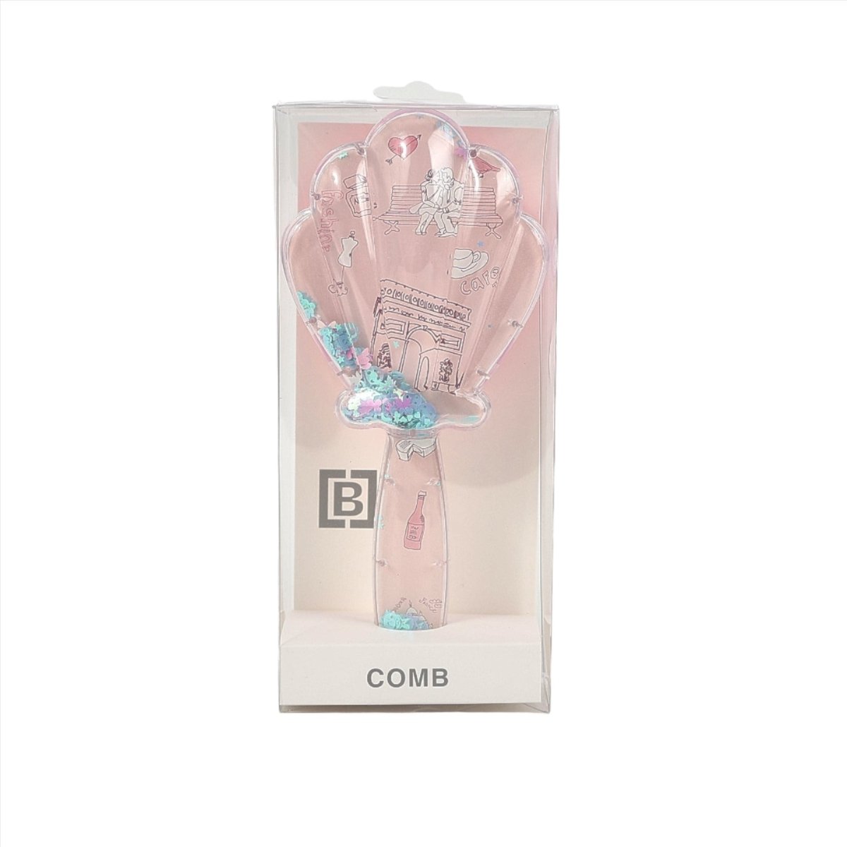 Plastic shell hair brush comb, pink translucent body, in retail box