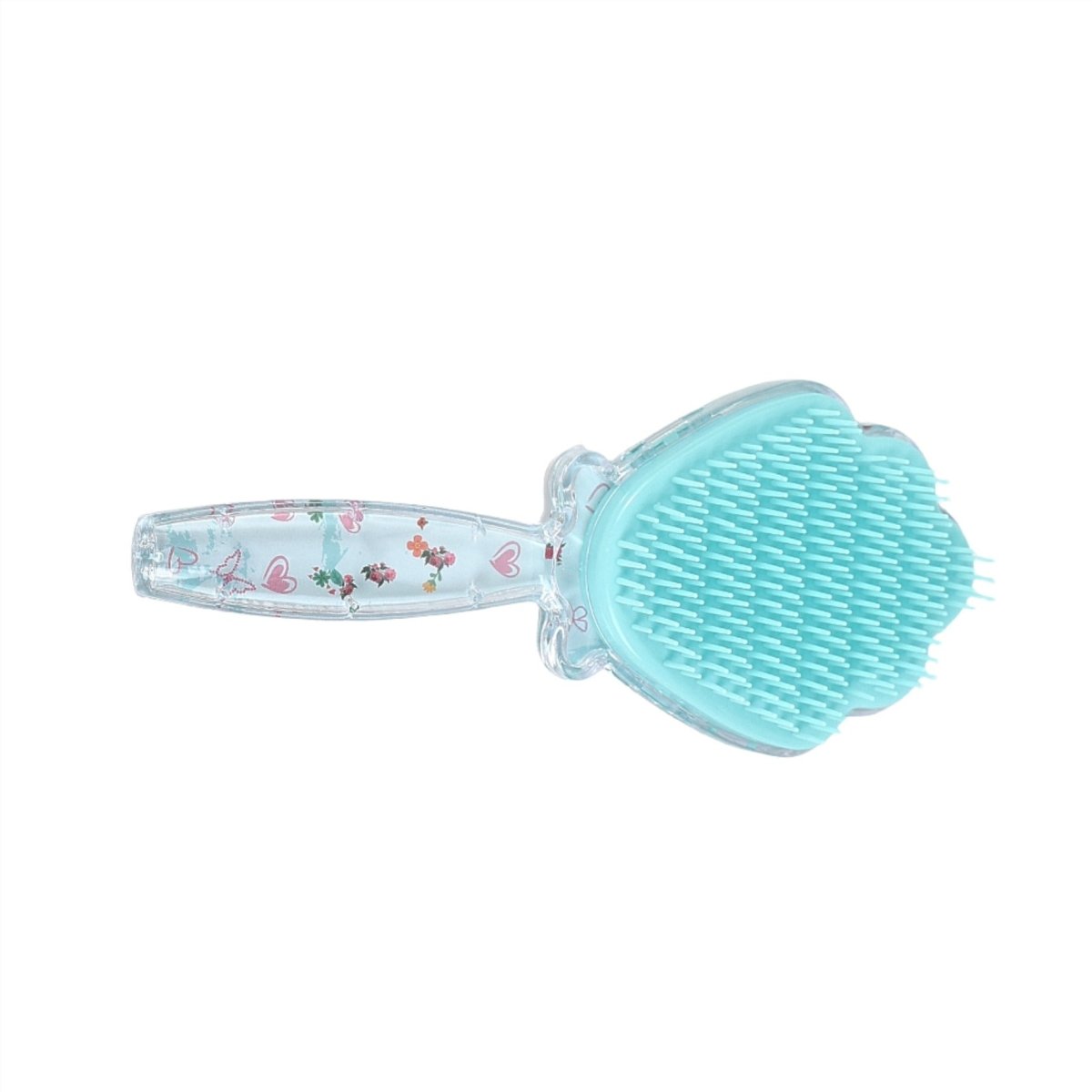 Plastic hair brush with shell-shaped bristles, teal color and clear handle.