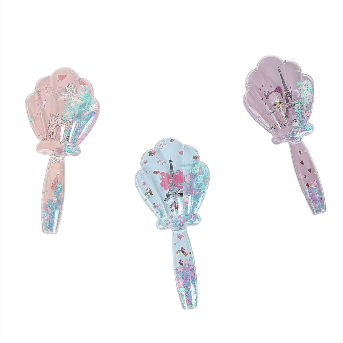 Set of three plastic hair brushes with heart-shaped shells in pink, light blue, and lavender.