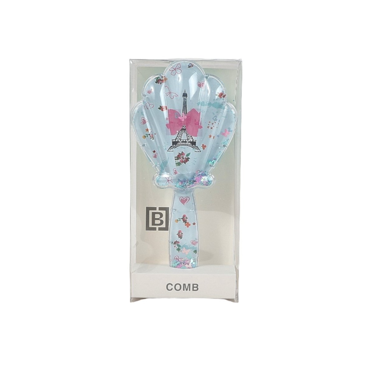 Plastic hair brush in retail box, light blue shell-shaped bristles with bow print.