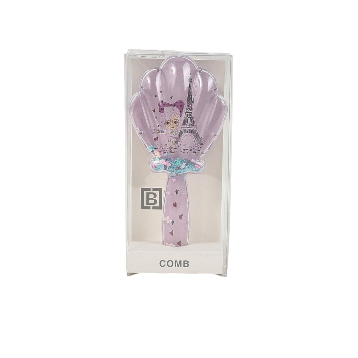 Plastic shell hair brush comb set, lavender design in retail box