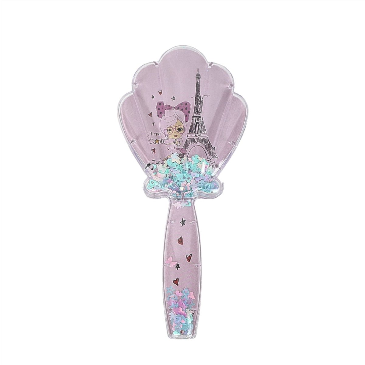 Plastic shell hair brush comb, lavender shell with sparkly inlay, clear pink handle