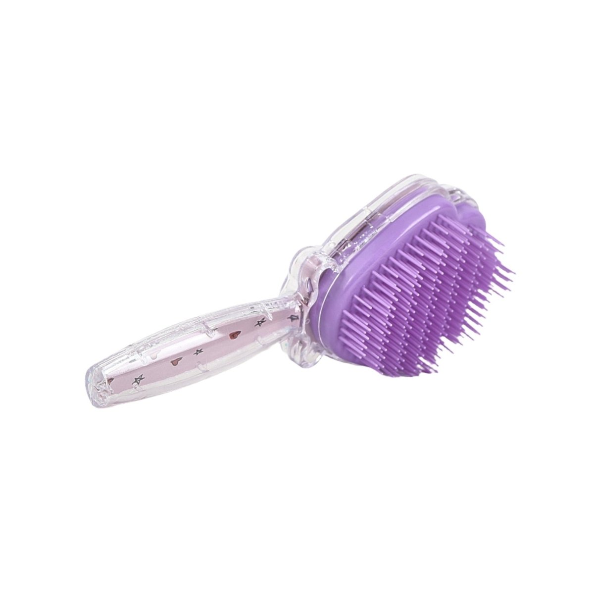 Plastic hair brush comb, purple ribbed shell head with clear handle
