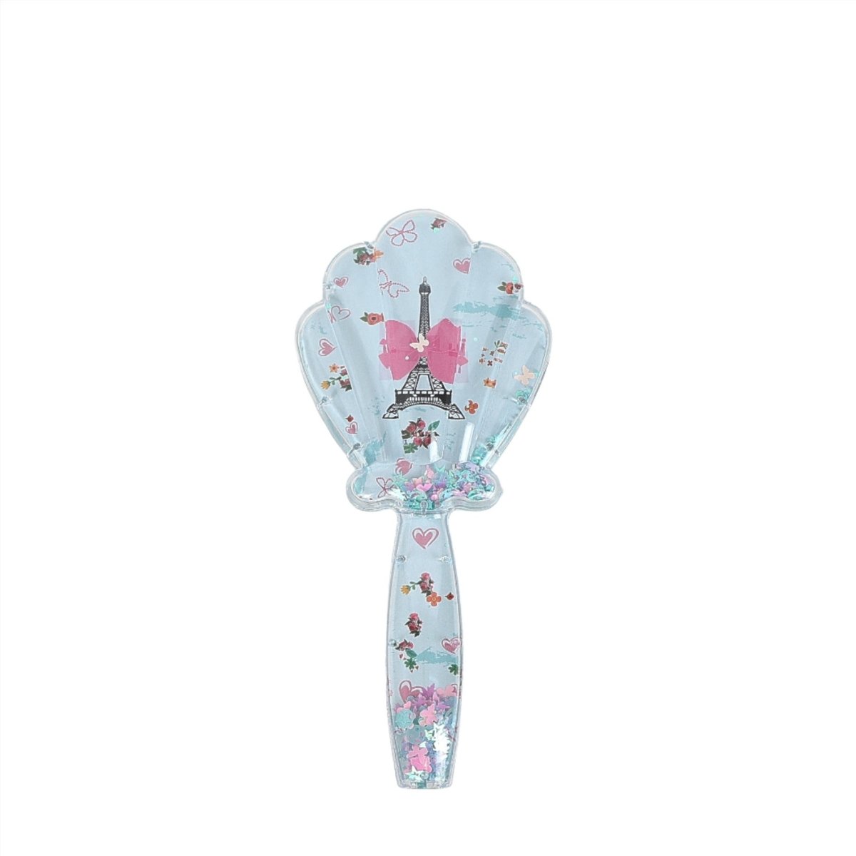 Plastic hair brush with shell-shaped bristles, light blue with pink bow print.