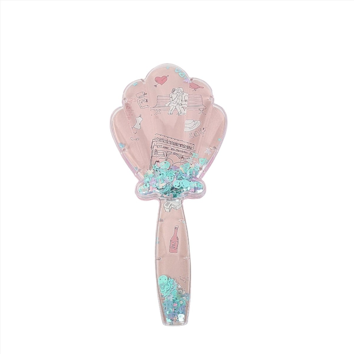 Plastic hair brush with shell-shaped bristles, pink with glittery aqua accents print.